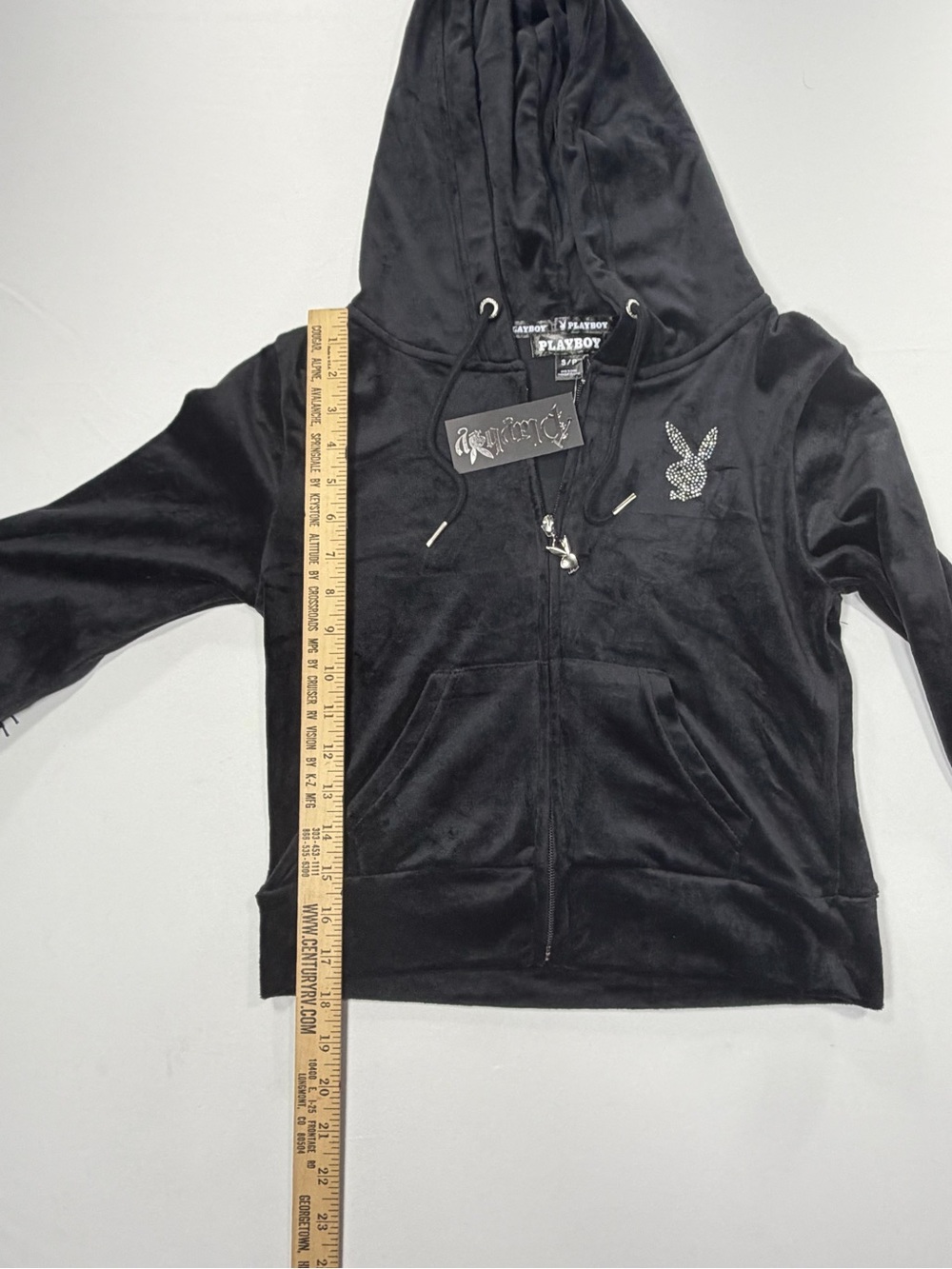 NWT Playboy Velour Hoodie Black Women’s S Rhinestone Y2K Full Zip - Picture 5 of 9